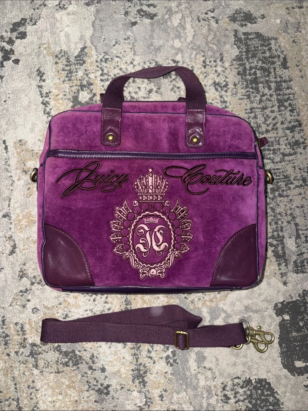 Vintage - Juicy Couture Y2K Purple Suede Laptop Bag with Embroidered Crest